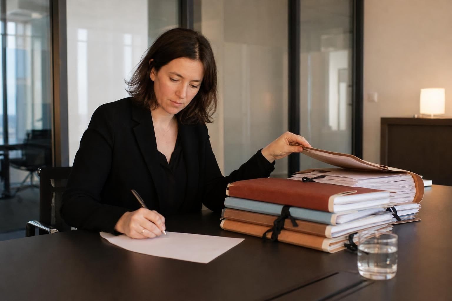 Une avocate en tenue sombre travaille à une table de bureau en consultant un gros dossier papier et en écrivant sur u…