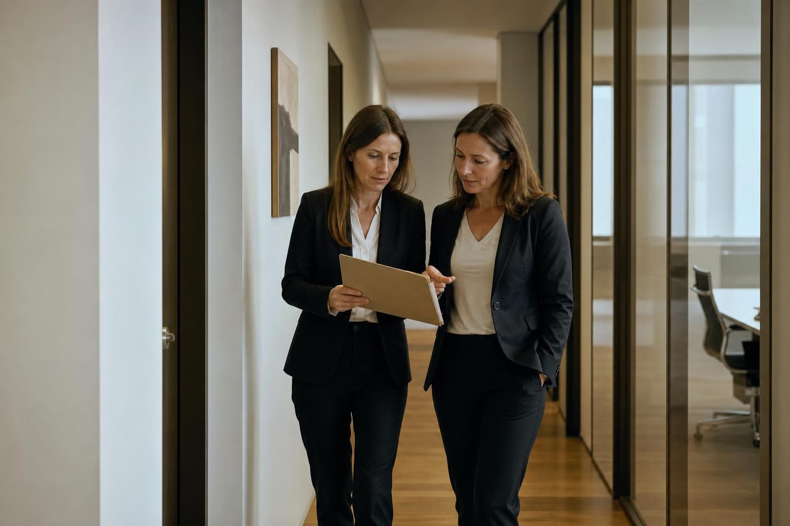 Deux avocates en tenue sombre marchent dans un couloir de bureau vitré en consultant un dossier papier.