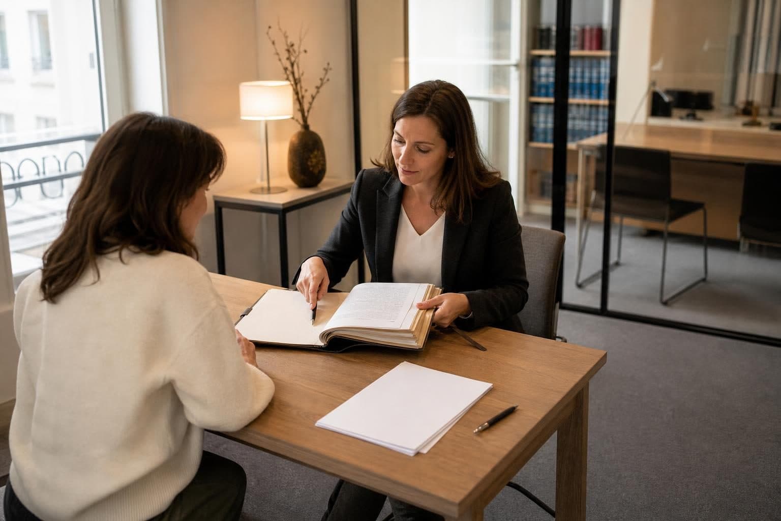 Deux femmes sont assises face à face à une table dans un bureau, l’une semble expliquer un document ouvert à l’autre.